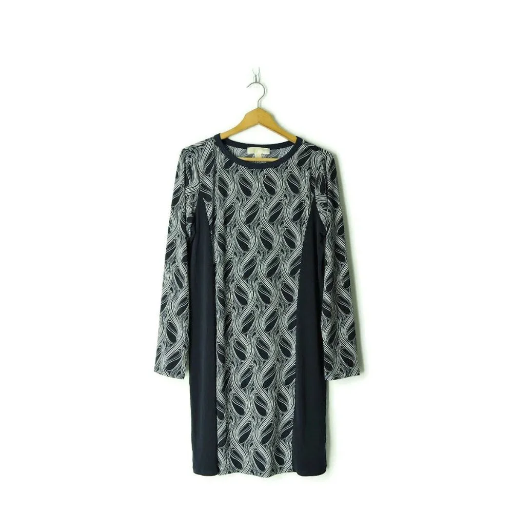 Michael Kors long sleeve dress stretchy illusion slimming silhouette print Sz L